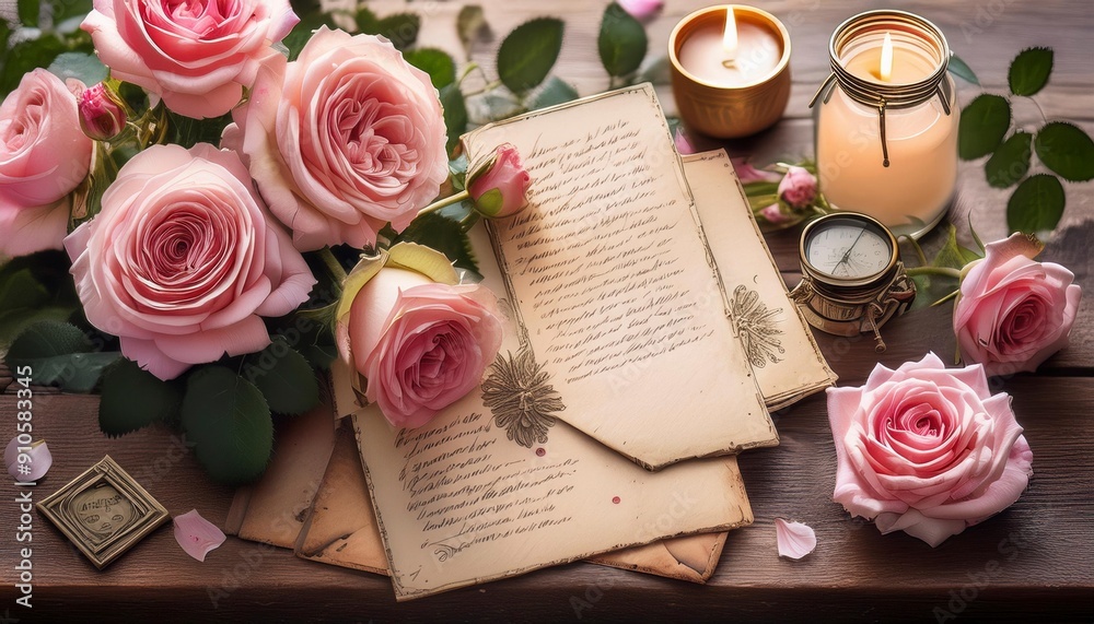 A bouquet of pink roses resting on old letters candles and a compass A bouquet of pink roses resting on old letters candles and a compass
