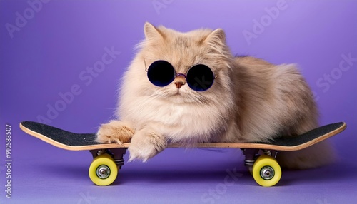 A cool cat wearing sunglasses sits on a skateboard