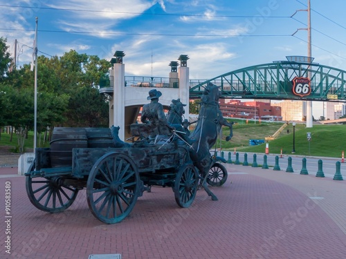 Memorial sculpture of horse and cart of Route 66, Tulsa, Oklahoma, United States. photo