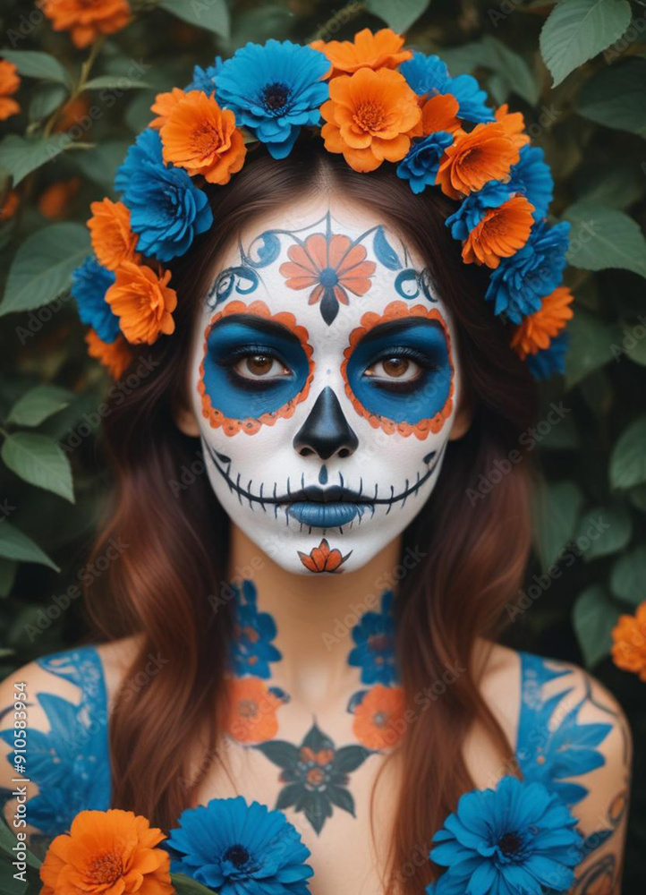 Day of the Dead sugar skull, surrounded by orange flowers and leaves Day of the Dead sugar skull, surrounded by orange flowers and leaves