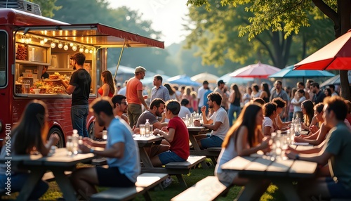 Fototapeta Naklejka Na Ścianę i Meble -  People enjoying food and drinks at a food truck.