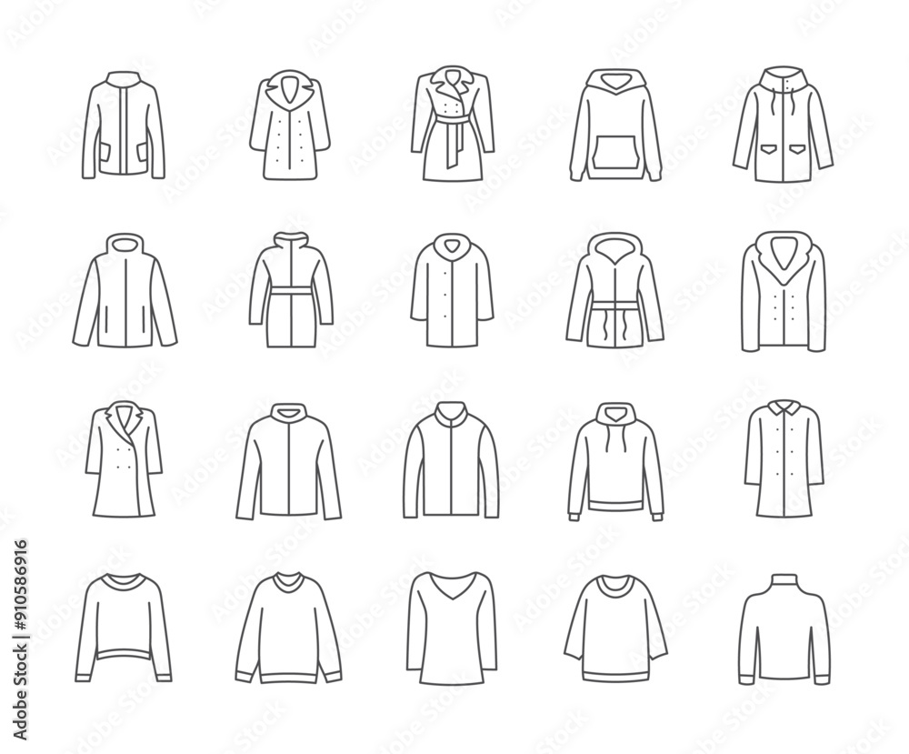 Outerwear icons isolated on a white background. Jacket, fur coat, coat, hoodie, parka, sweater, jumper. Editable Stroke Outerwear icons isolated on a white background. Jacket, fur coat, coat, hoodie, parka, sweater, jumper. Editable Stroke