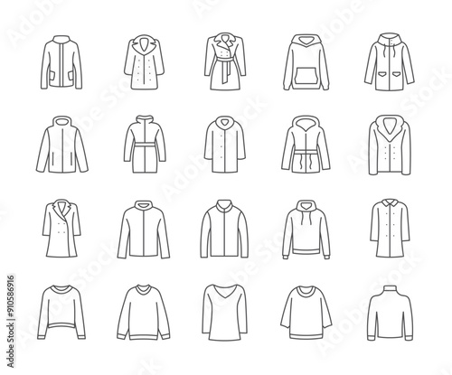 Outerwear icons isolated on a white background. Jacket, fur coat, coat, hoodie, parka, sweater, jumper. Editable Stroke
