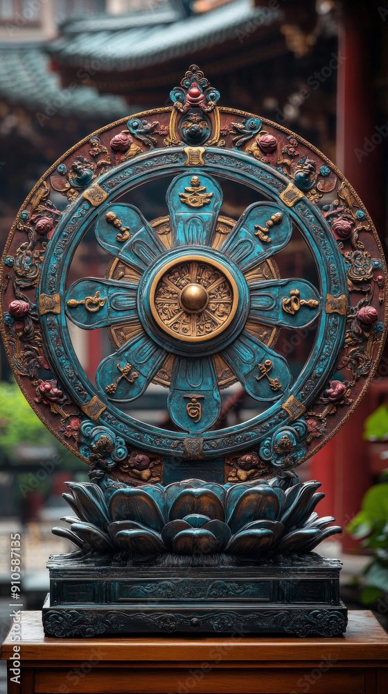 Fototapeta premium A sacred Dharma wheel symbolizing the path to enlightenment, beautifully crafted and revered.