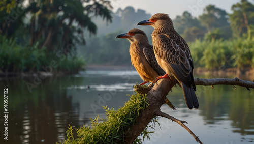 Red-billed hornbill in the morning on the river bank photo