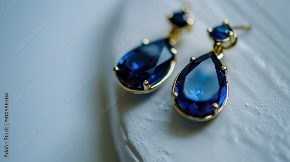Teardrop-shaped sapphire earrings with a gold setting rest on a white surface Teardrop-shaped sapphire earrings with a gold setting rest on a white surface