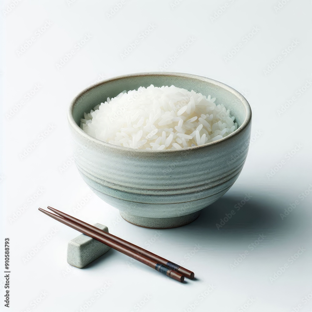 Bowl of Japanese rice KOME with chopsticks isolated on a white background Bowl of Japanese rice KOME with chopsticks isolated on a white background