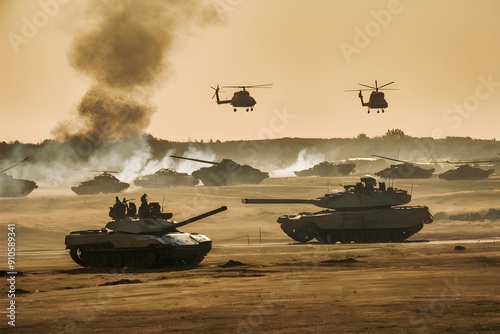 Golden hued landscape, military vehicles, tanks, helicopters, and rising smoke photo