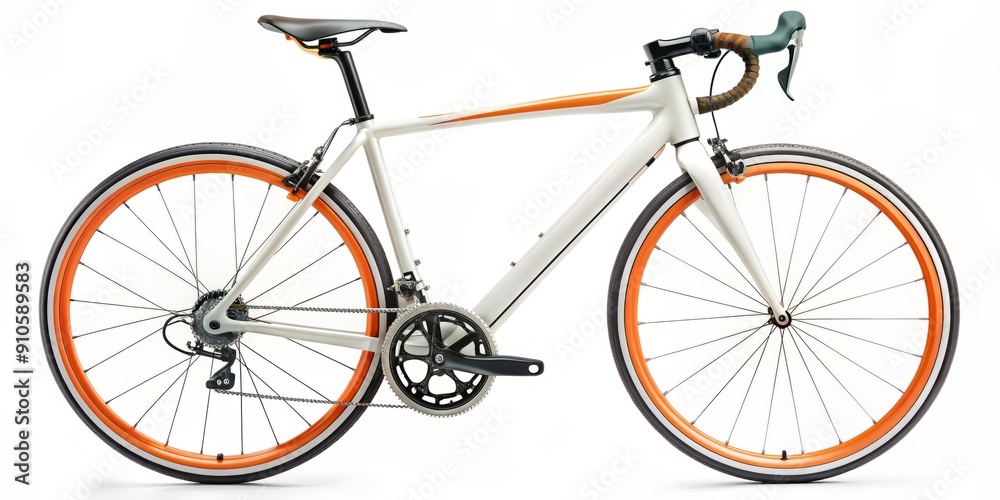 A modern, sleek white and orange road bike with aerodynamic wheels and vibrant accents, isolated on a pure white background, exuding speed and style. A modern, sleek white and orange road bike with aerodynamic wheels and vibrant accents, isolated on a pure white background, exuding speed and style.