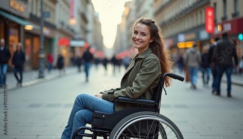 Young woman in wheelchair smiling on city street.