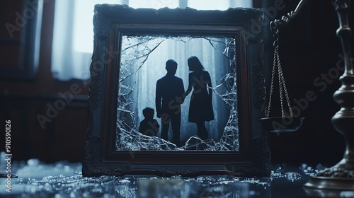 Shattered photo frame with the silhouette of the scales of justice emerging from the cracks, containing a blurred family photo.representing themes of divorce, legal conflict, and justice.