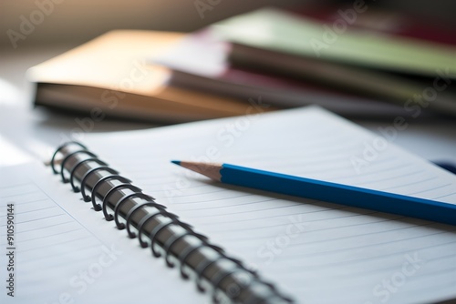 Spiral bound notebook with blue pencil, blurred background suggests books or folders photo