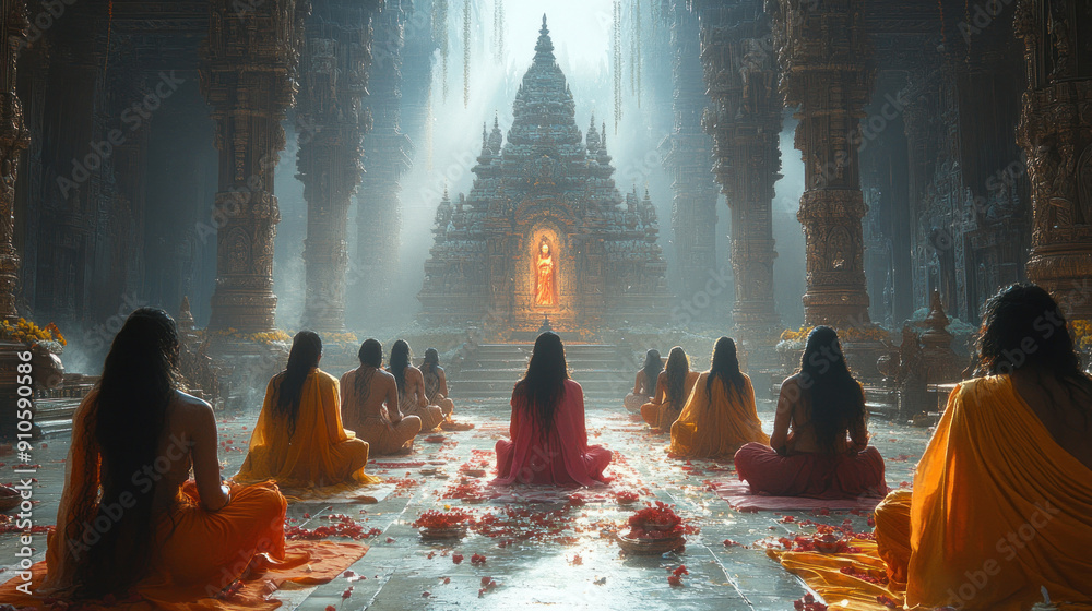Devotees chanting prayers in a sacred temple hall, creating an ...