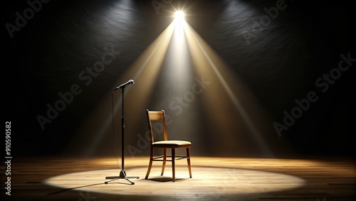 Solo chair and microphone stand occupy center stage, bathed in warm, intense spotlight, surrounded by darkness, evoking anticipation for a performer's grand entrance.