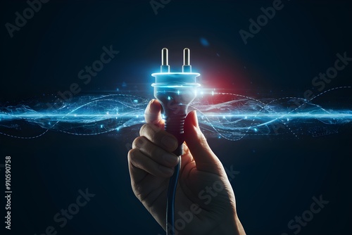 Hand holding glowing plug, dark background, digital patterns suggest technological innovation photo