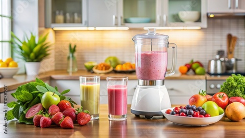 Fresh fruit and yogurt surround a whirring blender in a modern kitchen as a vibrant smoothie takes shape, promising a healthy and refreshing treat.