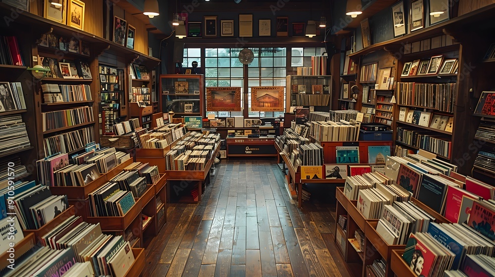Nostalgic Retro Vinyl Record and Bookshop with Classic Album Covers and Cozy Atmosphere Nostalgic Retro Vinyl Record and Bookshop with Classic Album Covers and Cozy Atmosphere