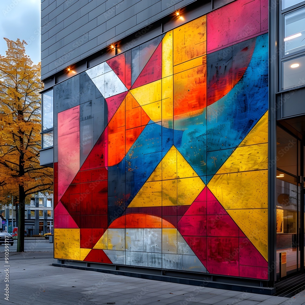 Naklejka premium Vibrant Geometric Graffiti Mural Adorning an Urban City Wall