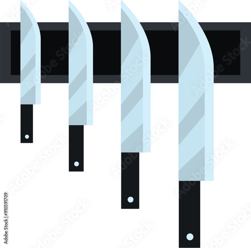 Set of five kitchen knives of different sizes is hanging on a magnetic strip holder