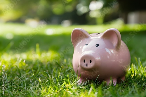 Pink piggy bank on green grass, blurred bokeh background, outdoor park setting photo