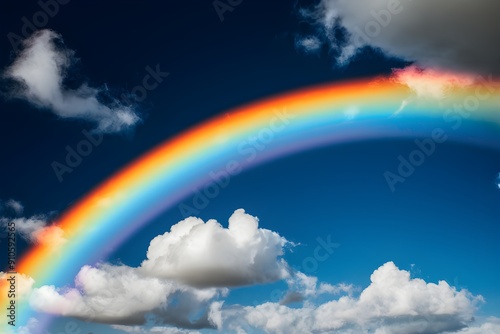 Radiant rainbow across deep blue sky, fluffy clouds, vibrant uplifting scene photo