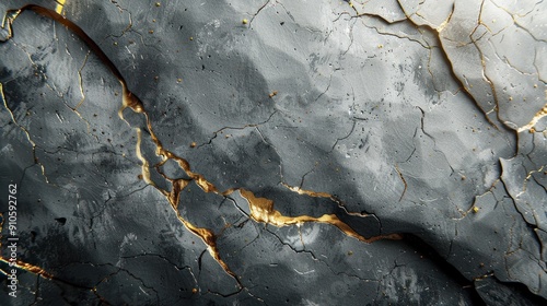 Abstract black and gold textured surface with cracks resembling marble, artistic design concept photo