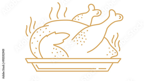 Oven Roasted Turkey in Pan with fresh Vegetable Concept, Thanksgiving Day dinner Vector line Design, Harvest festival Symbol, Secular holiday Sign, Religious and cultural traditions Stock Illustration
