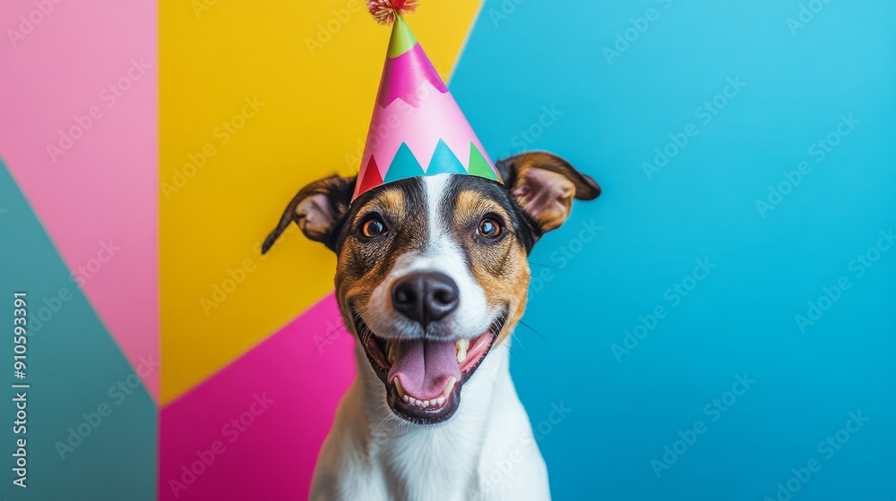 Dog wearing a birthday hat with colorful