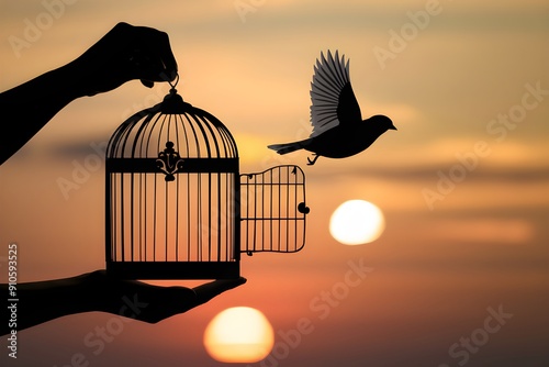 Hand holding birdcage with bird in flight, sunset creating liberation scene