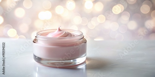 A delicate pink face cream jar sits on a soft, white background, surrounded by gentle morning light, evoking a sense of serenity and natural beauty. photo