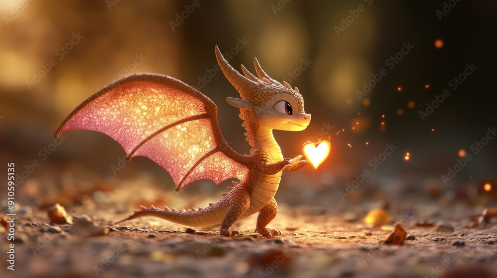 Adorable Tiny Dragon with Oversized Wings: 3D Cartoon Illustration Adorable Tiny Dragon with Oversized Wings: 3D Cartoon Illustration
