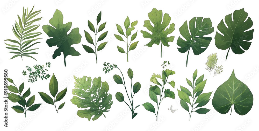 Naklejka premium Collection of Various Types of Green Leaves on Transparent Background. Nature and Botanical Concepts.