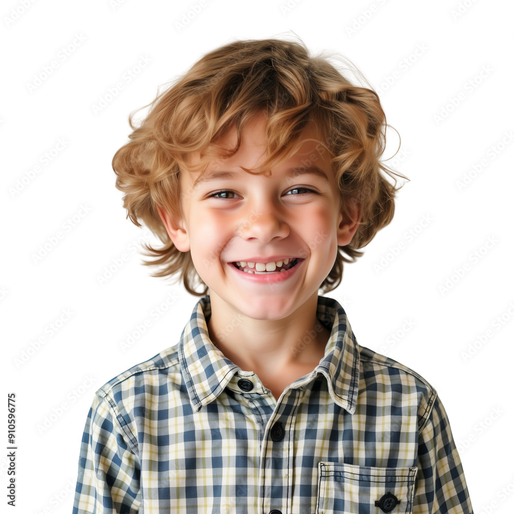 Portrait of a smiling boy wearing casual clothes standing with happy face, isolated on transparent background