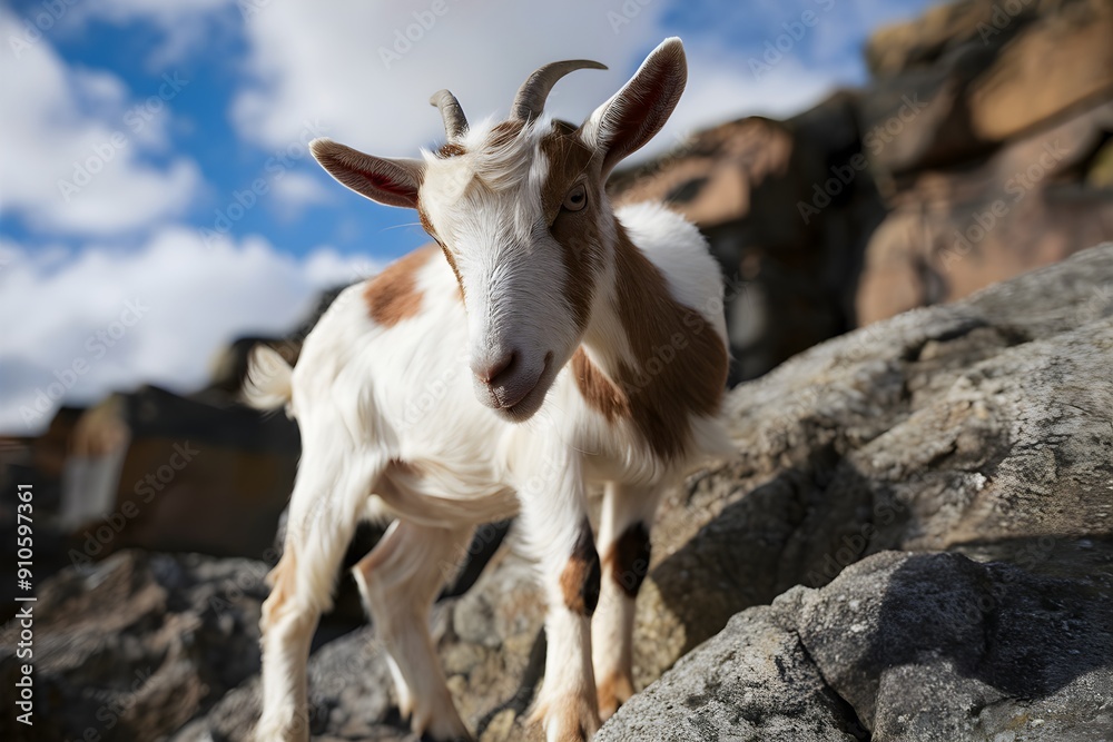 Young goat on rocky terrain with cloudy sky Young goat on rocky terrain with cloudy sky