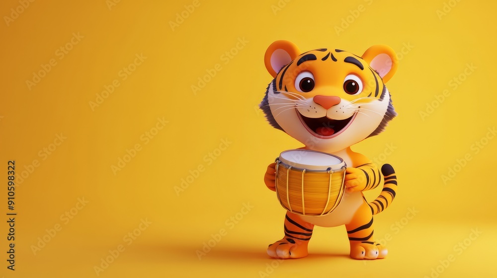 Cute Cartoon Tiger Plays Tiny Drum - 3D Illustration Cute Cartoon Tiger Plays Tiny Drum - 3D Illustration