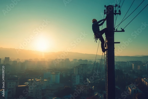 Electrician climbing a tall electricity pole using a harness photo