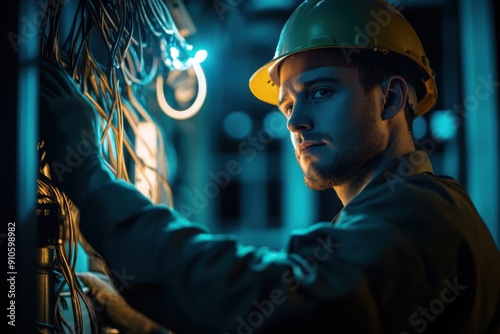 Electrician handling live wires with caution. Dim lighting photo