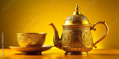 A beautifully crafted gold cup adorned with intricate Arabic patterns holds sacred Zamzam water, served with a delicate teapot on a vibrant yellow background. photo