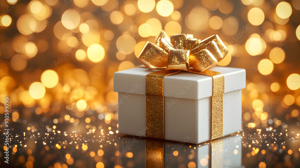 Elegant golden gift box wrapped with a shiny ribbon bow on a blurred bokeh background with twinkling lights  Festive holiday or Christmas concept  Luxurious glamorous and joyful presentation