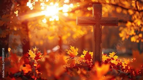 Sun shining through a cross on a background of golden autumn leaves in fall, symbolizing faith and hope. powerful message of belief and optimism.Cross, Faith, Hope, Conviction