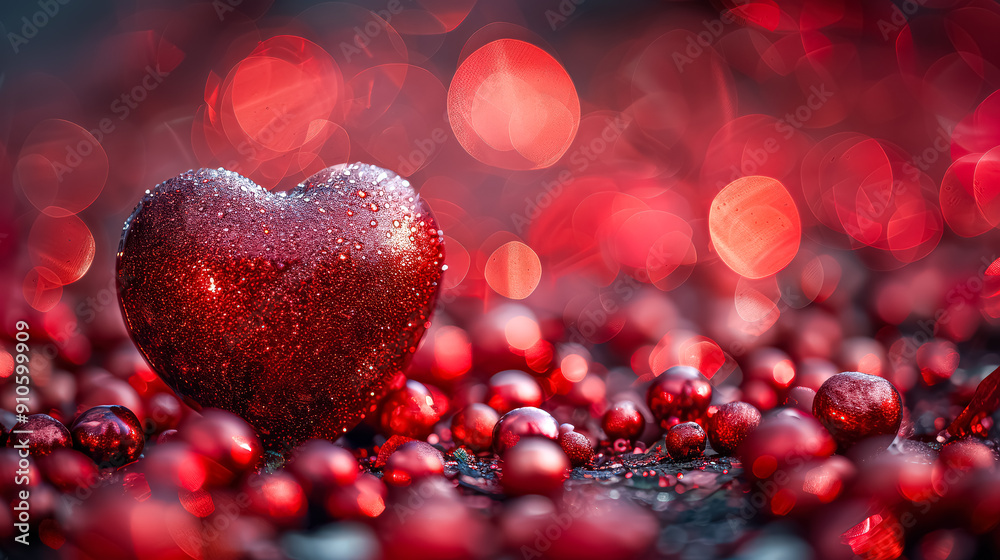 A heart made of red beads is surrounded by many other red beads A heart made of red beads is surrounded by many other red beads
