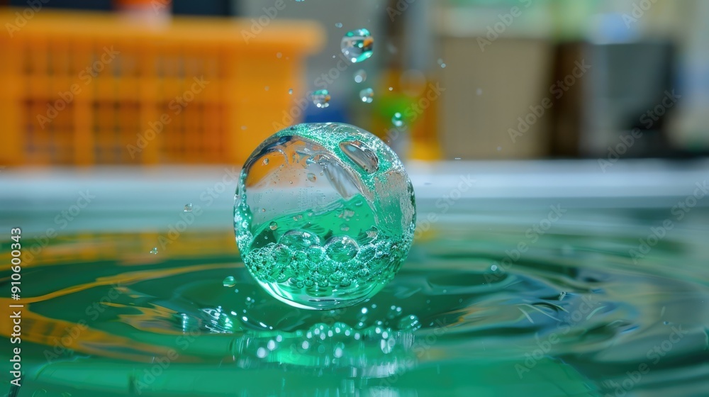 A clear ball of water is floating on top of a green pool. The water is calm and still, with no ripples or waves. The ball of water is surrounded by a few bubbles, which add a sense of movement A clear ball of water is floating on top of a green pool. The water is calm and still, with no ripples or waves. The ball of water is surrounded by a few bubbles, which add a sense of movement