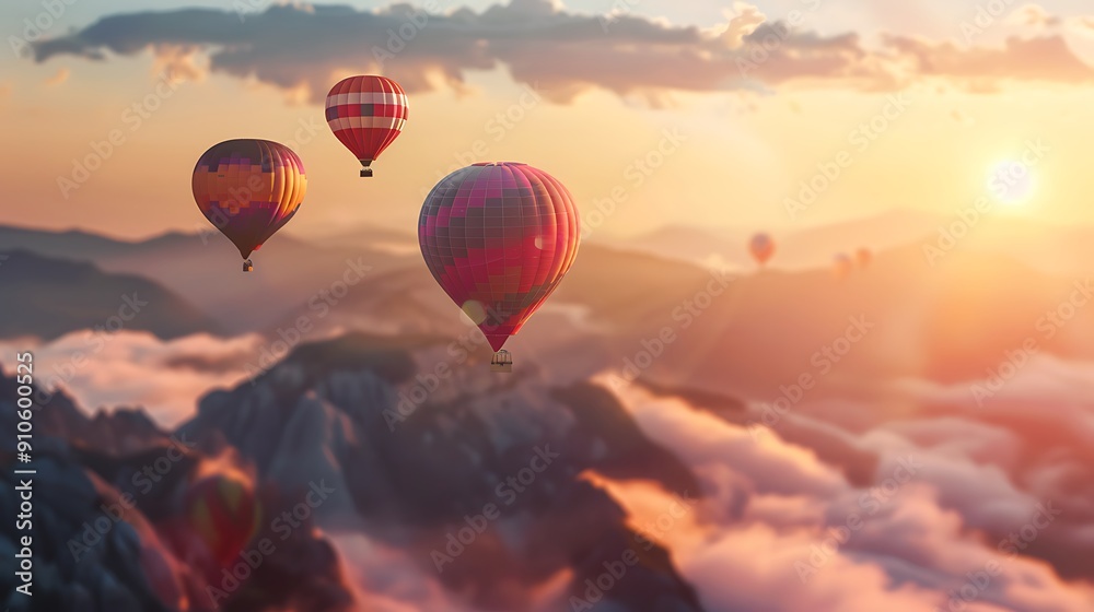Fototapeta premium Hot Air Balloons Soaring Over Majestic Mountains at Sunset
