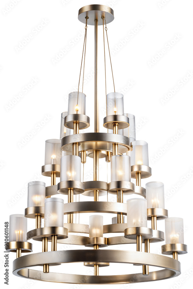 Elegant multi-tiered chandelier illuminating modern dining room decor in warm evening light, cut out - stock png. Elegant multi-tiered chandelier illuminating modern dining room decor in warm evening light, cut out - stock png.