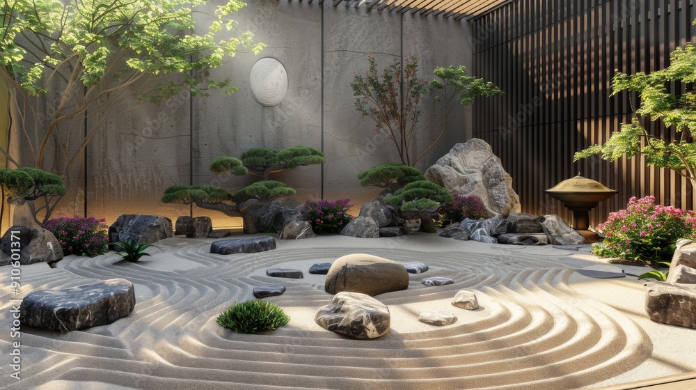 Fototapeta premium A peaceful zen garden with perfectly raked sand and carefully arranged stones,a relaxing concept