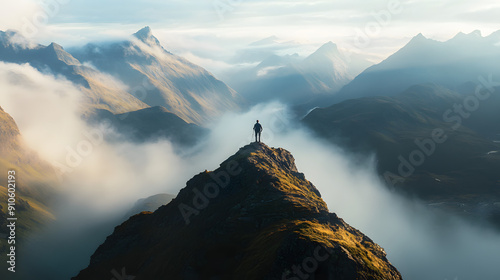 hiker standing misty mountain ridge peak landscape sunlight accomplishment overcome challenge success successful challenges goal aim achieve achievement sports hiking hike nature environment