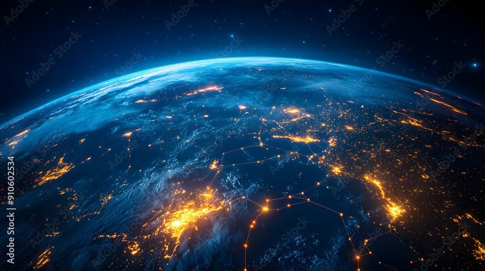 Fototapeta premium Digital world map planet Earth space global globe sky space 5G wireless network AI big data communication pathways science technology web internet connection transmission cyber cloud computing online