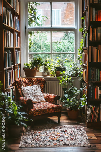 A comfortable armchair placed by a window in a rustic room full of books and plants. photo