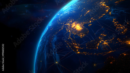 Digital world map planet Earth space global globe sky space 5G wireless network AI big data communication pathways science technology web internet connection transmission cyber cloud computing online