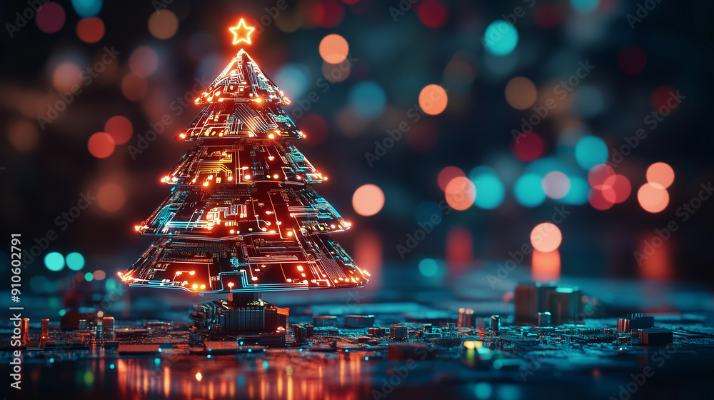 christmas tree with chips and nanotechnology, artificial intelligence industry, and hardware for christmas
